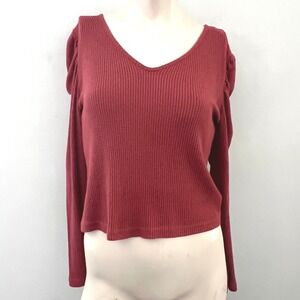 Paper Crane Womens‎ Ribbed Knit Top M Long Sleeve Ruched Shoulders Fall Autumn